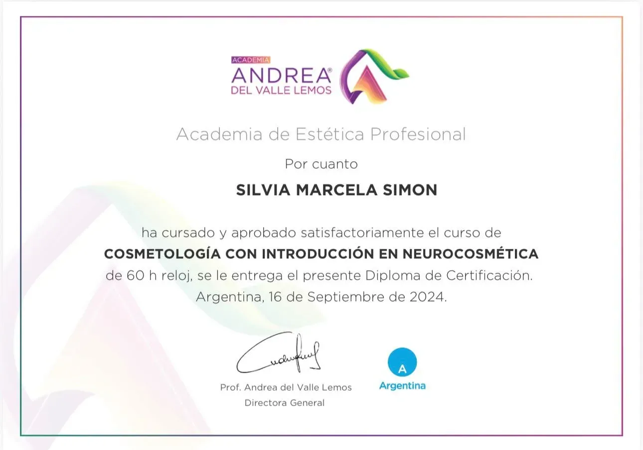 Certificado de Academia Andrea del Valle Lemos: Cosmetología con introducción en neurocosmética