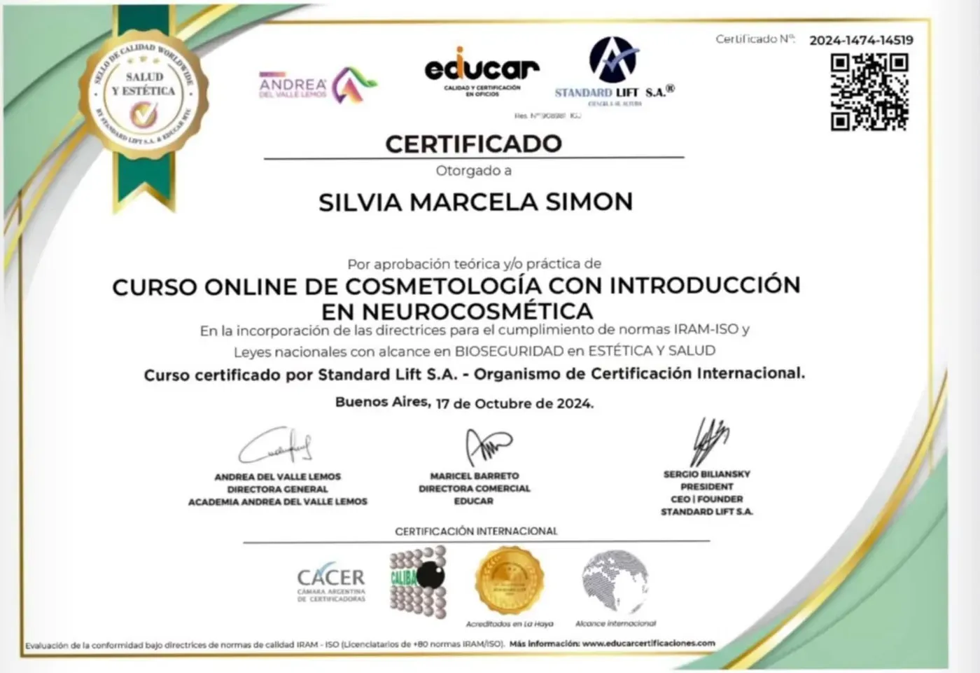 Certificado de Educar y Standard Lift: Cosmetología con introducción en neurocosmética