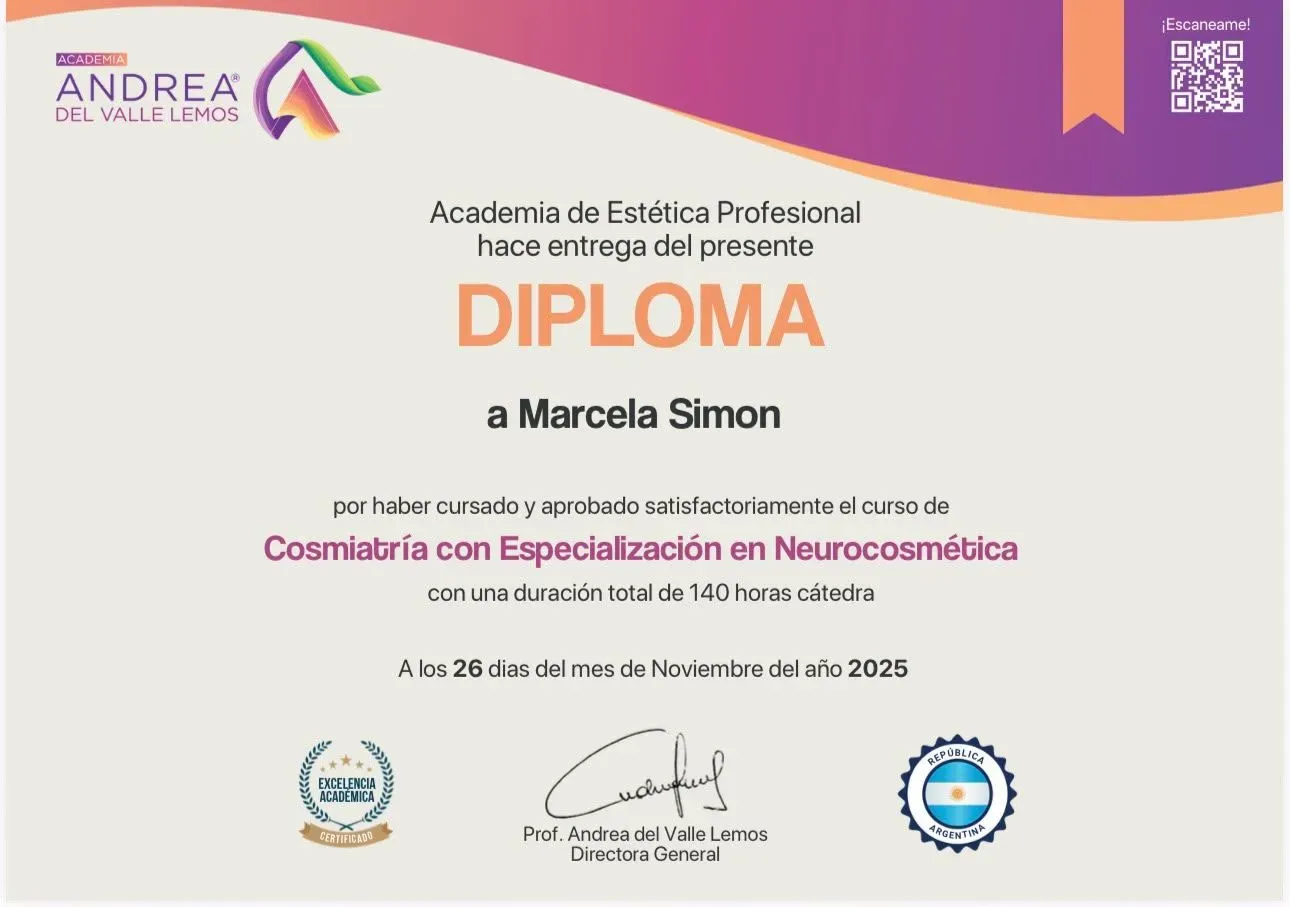 Certificado de Academia Andrea del Valle Lemos: Cosmiatría con especialización en neurocosmética