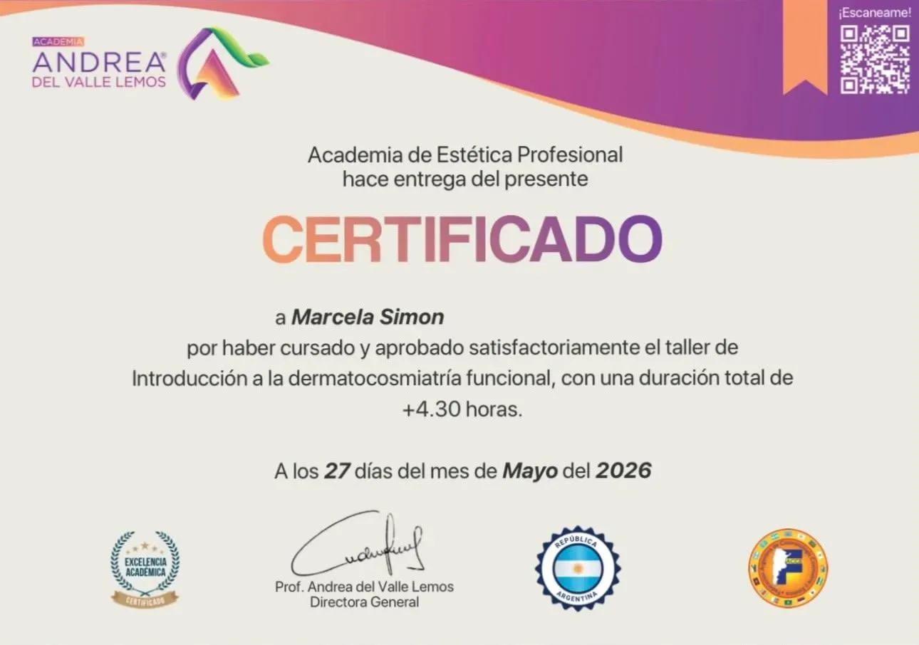 Certificado de Academia Andrea del Valle Lemos: Introducción a la dermatocosmiatría funcional