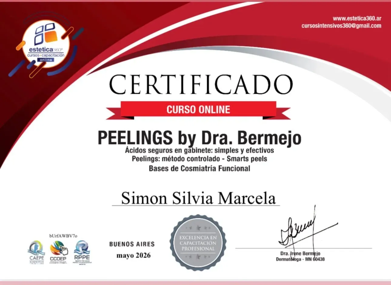 Certificado de Estética 360: Peelings by Dra. Bermejo
