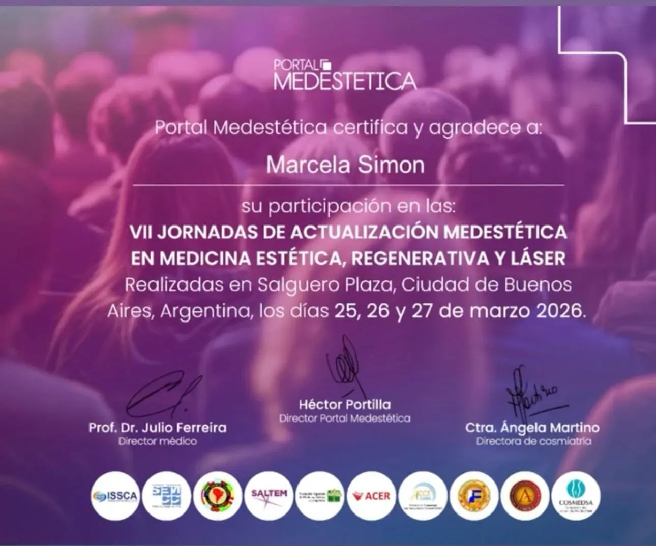 Certificado de Portal Medestética: VII Jornadas de Actualización en Medicina Estética, Regenerativa y Láser